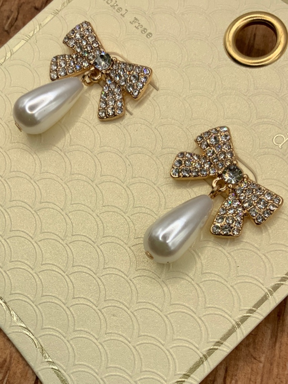 A.New Day Gold Tone Bow Crystal & Pearl Drop Earrings